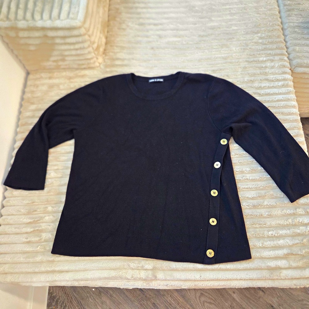 Cable & Gauge Knit Sweater Women XL Black Crew Neck Side Button Detail Pullover